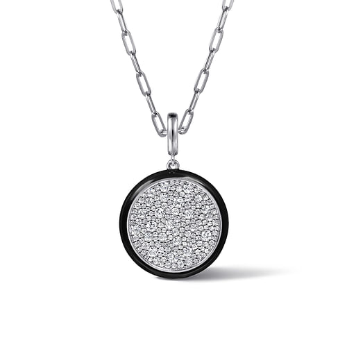 14K White Gold Diamond Medallion with Black Enamel