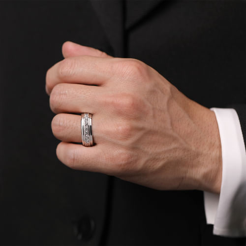 14K White Gold Diamond Men's Wedding Ring in Sand Blast Finish