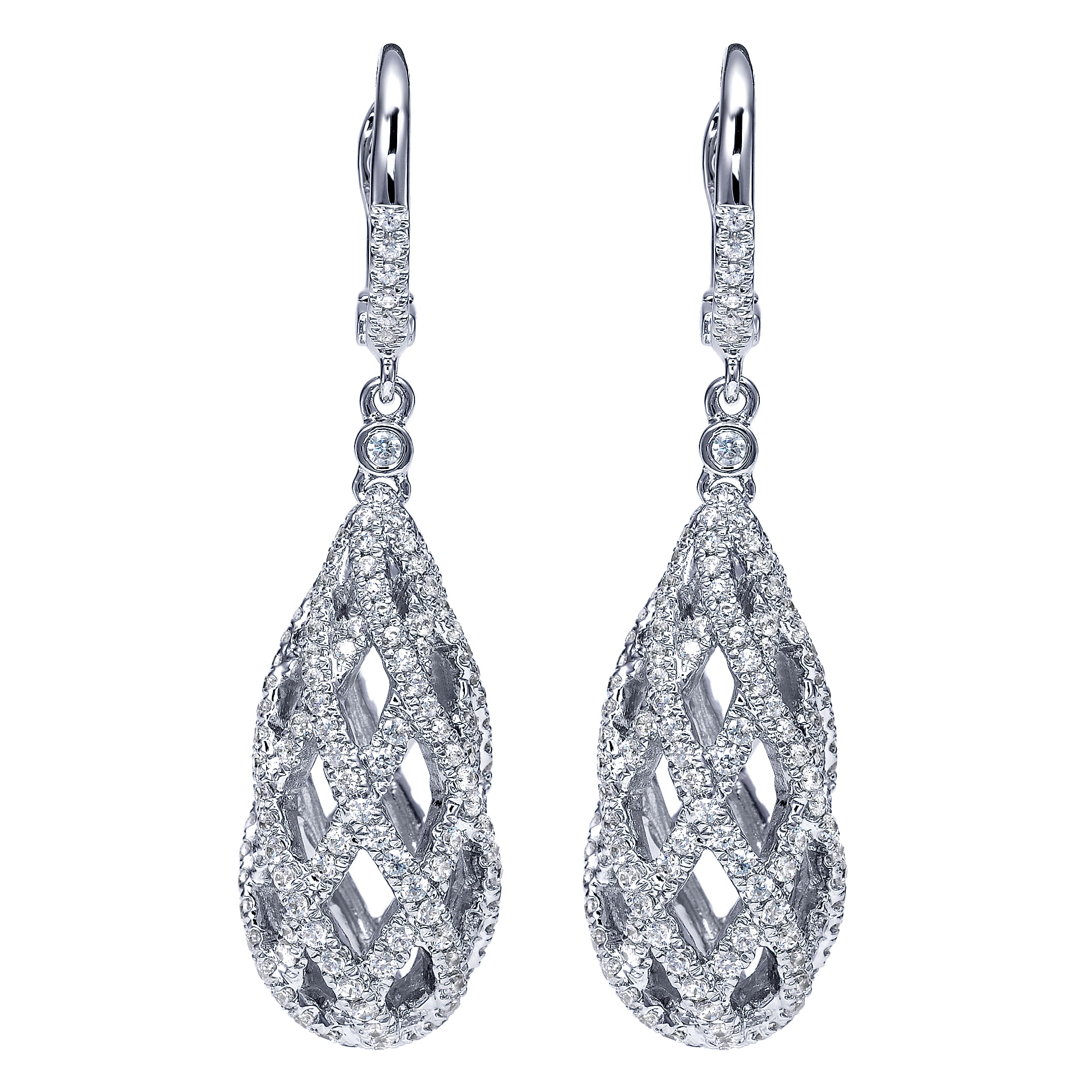 14K White Gold Diamond Netting Orb Drop Earrings