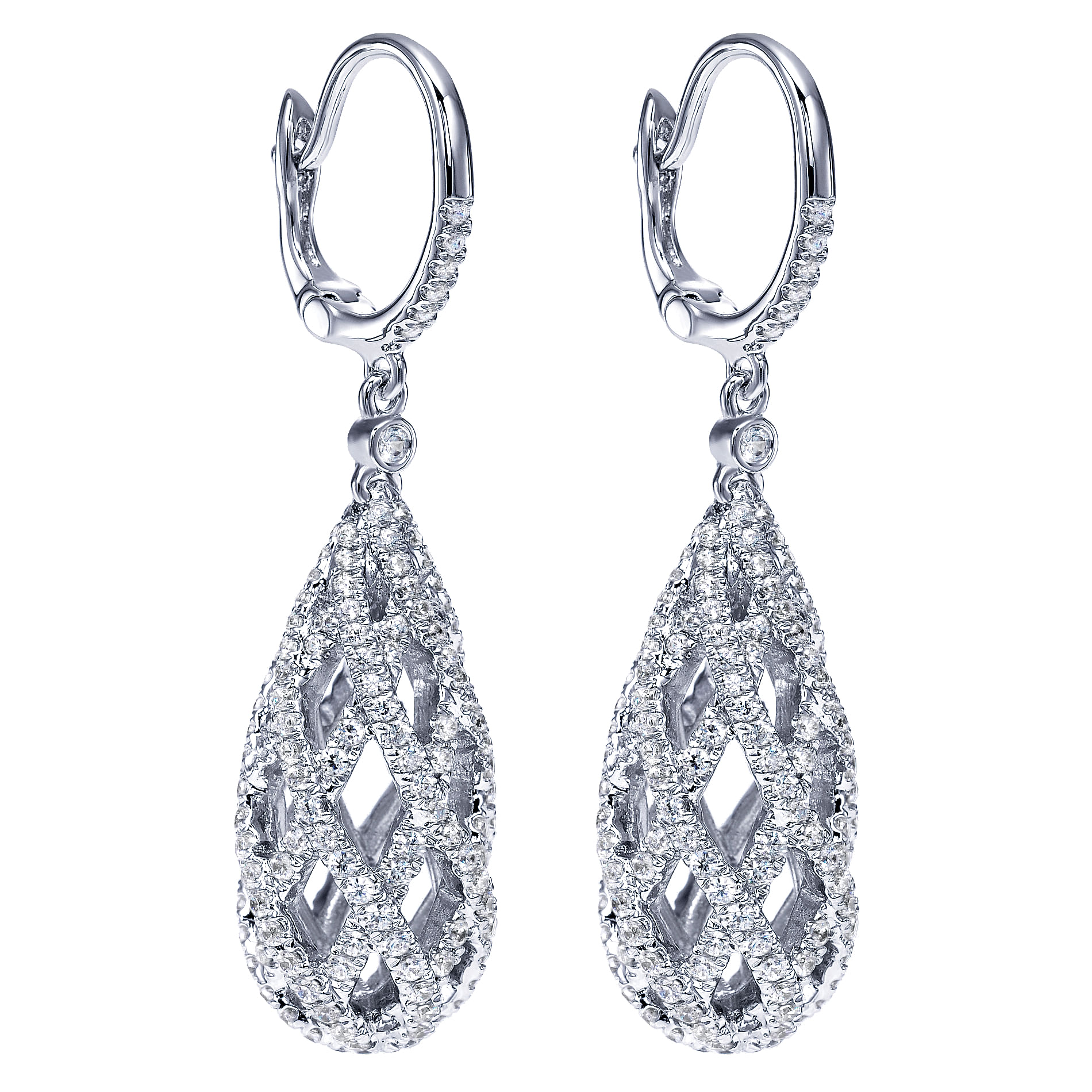 14K White Gold Diamond Netting Orb Drop Earrings