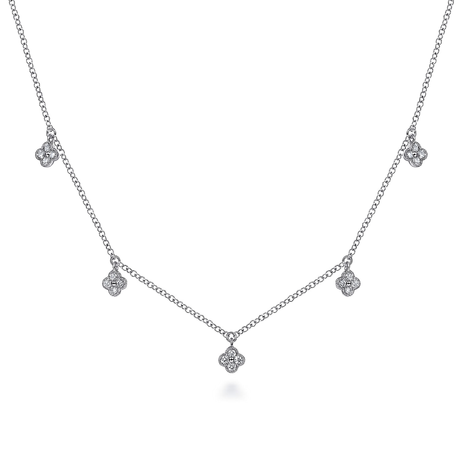 14K White Gold Diamond Pavé Clover Drop Necklace