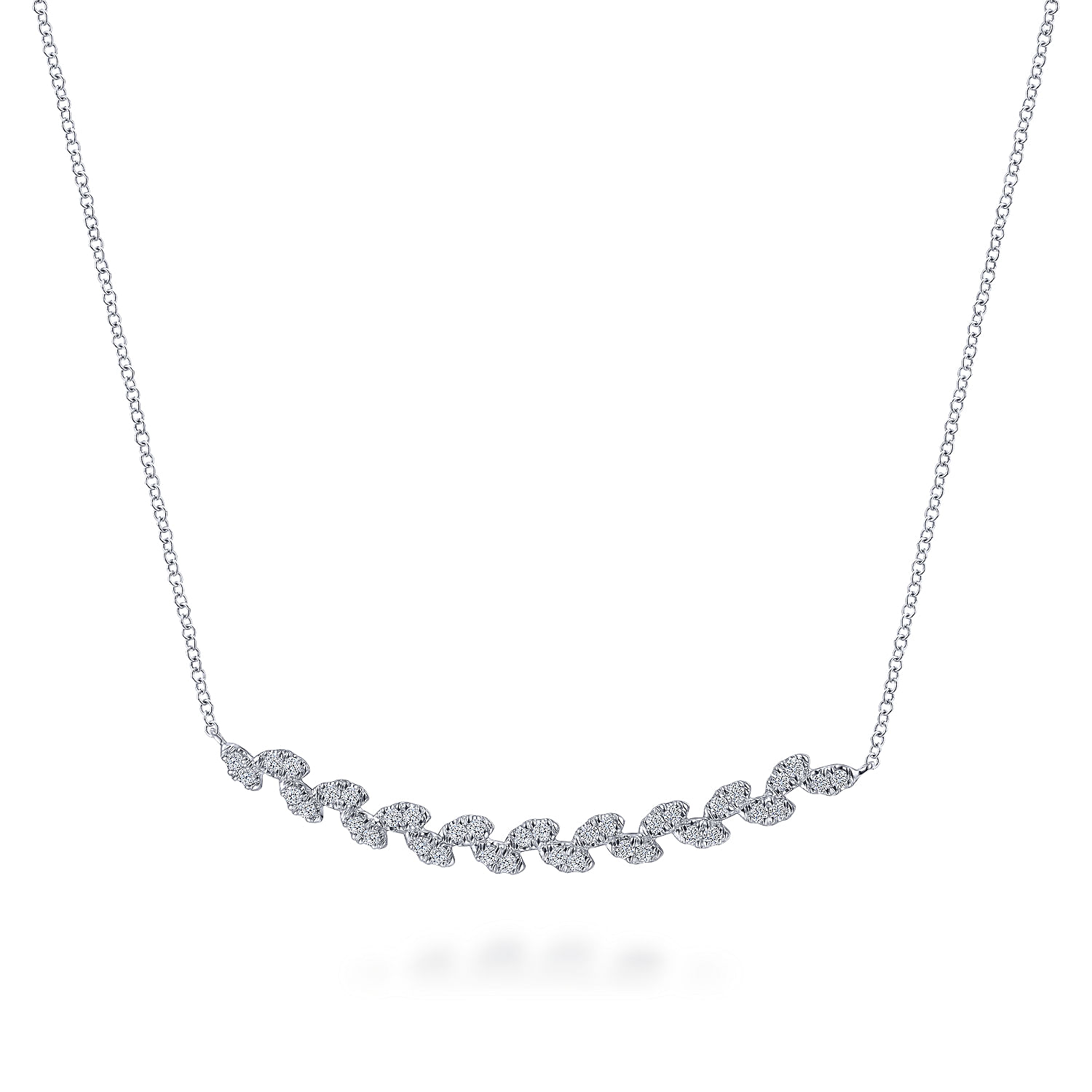 14K White Gold Diamond Pavé Curved Bar Leaf Necklace