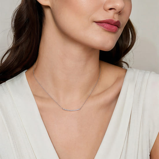 14K White Gold Diamond Pavé Curved Bar Necklace angle 3
