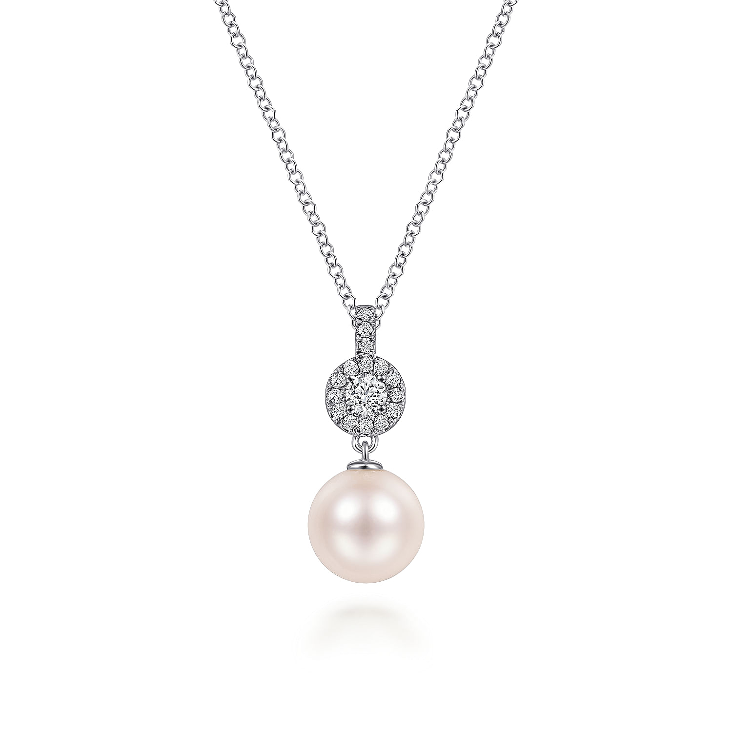 Gabriel - 14K White Gold Diamond Pavé Halo and Pearl Drop Pendant Necklace 