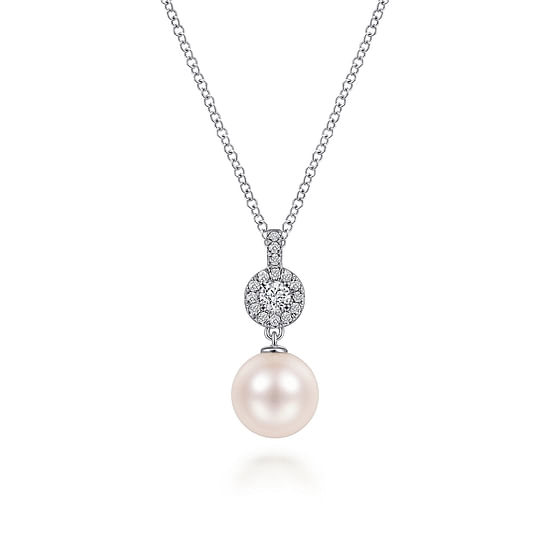 Gabriel - 14K White Gold Diamond Pavé Halo and Pearl Drop Pendant Necklace 