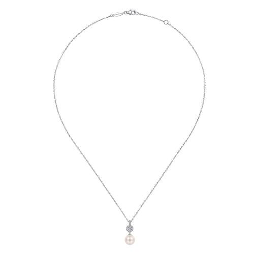 14K White Gold Diamond Pavé Halo and Pearl Drop Pendant Necklace 