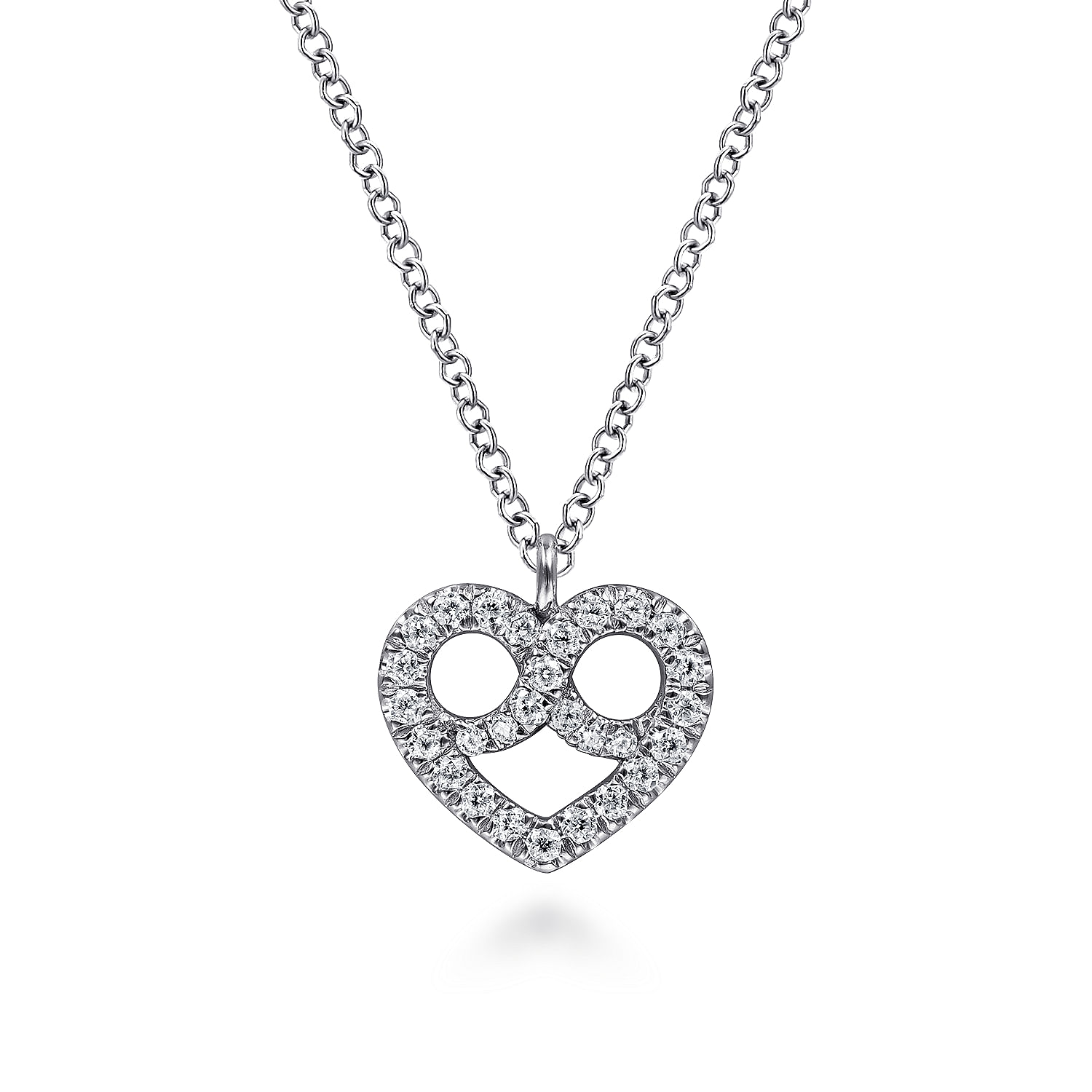14K White Gold Diamond Pavé Pretzel Heart Pendant Necklace