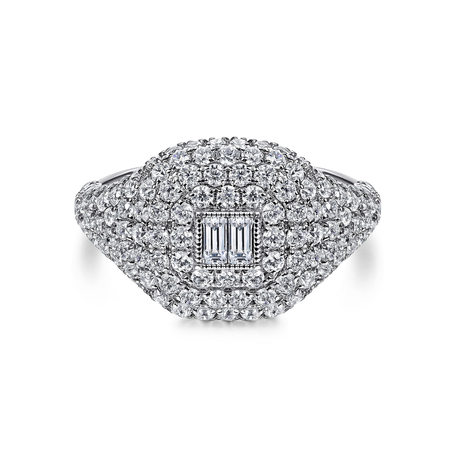 14K White Gold Diamond Pavé Ring with Baguette Center 