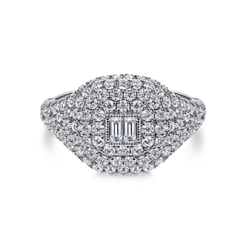 14K White Gold Diamond Pavé Ring with Baguette Center 