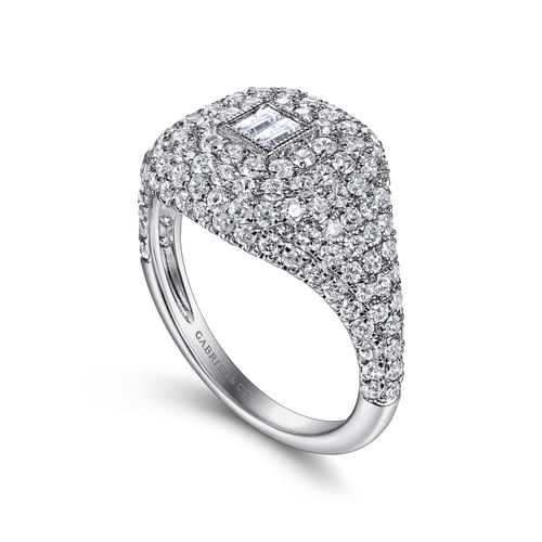 14K White Gold Diamond Pavé Ring with Baguette Center 