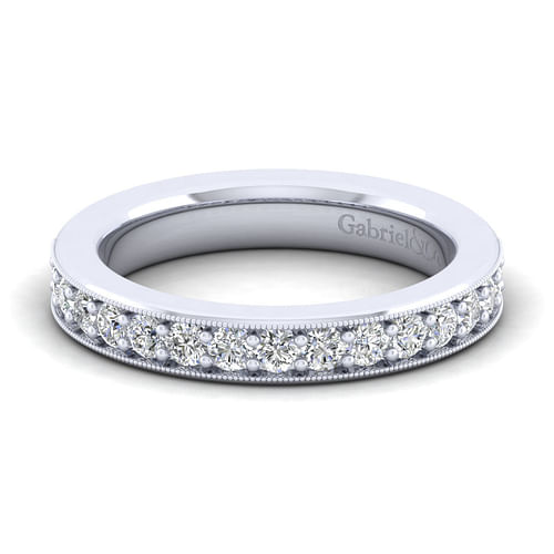 14K White Gold Diamond Prong Channel Diamond Anniversary Band with Milgrain