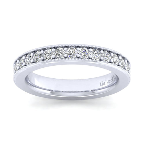 14K White Gold Diamond Prong Channel Diamond Anniversary Band with Milgrain