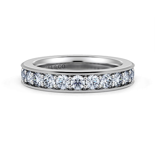 14K White Gold Diamond Prong Channel Diamond Anniversary Band with Milgrain