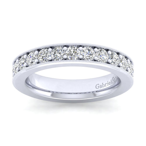 14K White Gold Diamond Prong Channel Diamond Anniversary Band with Milgrain