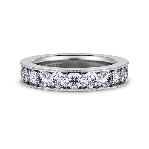 14K White Gold Diamond Prong Channel Diamond Anniversary Band with Milgrain