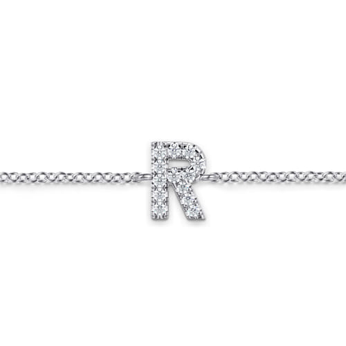 14K White Gold Diamond R Initial Chain Bracelet
