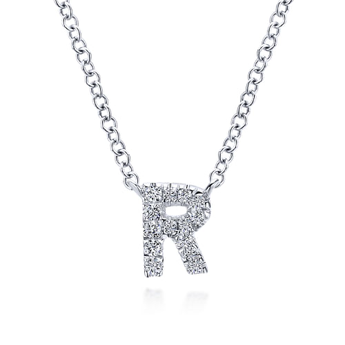 14K White Gold Diamond R Initial Pendant Necklace