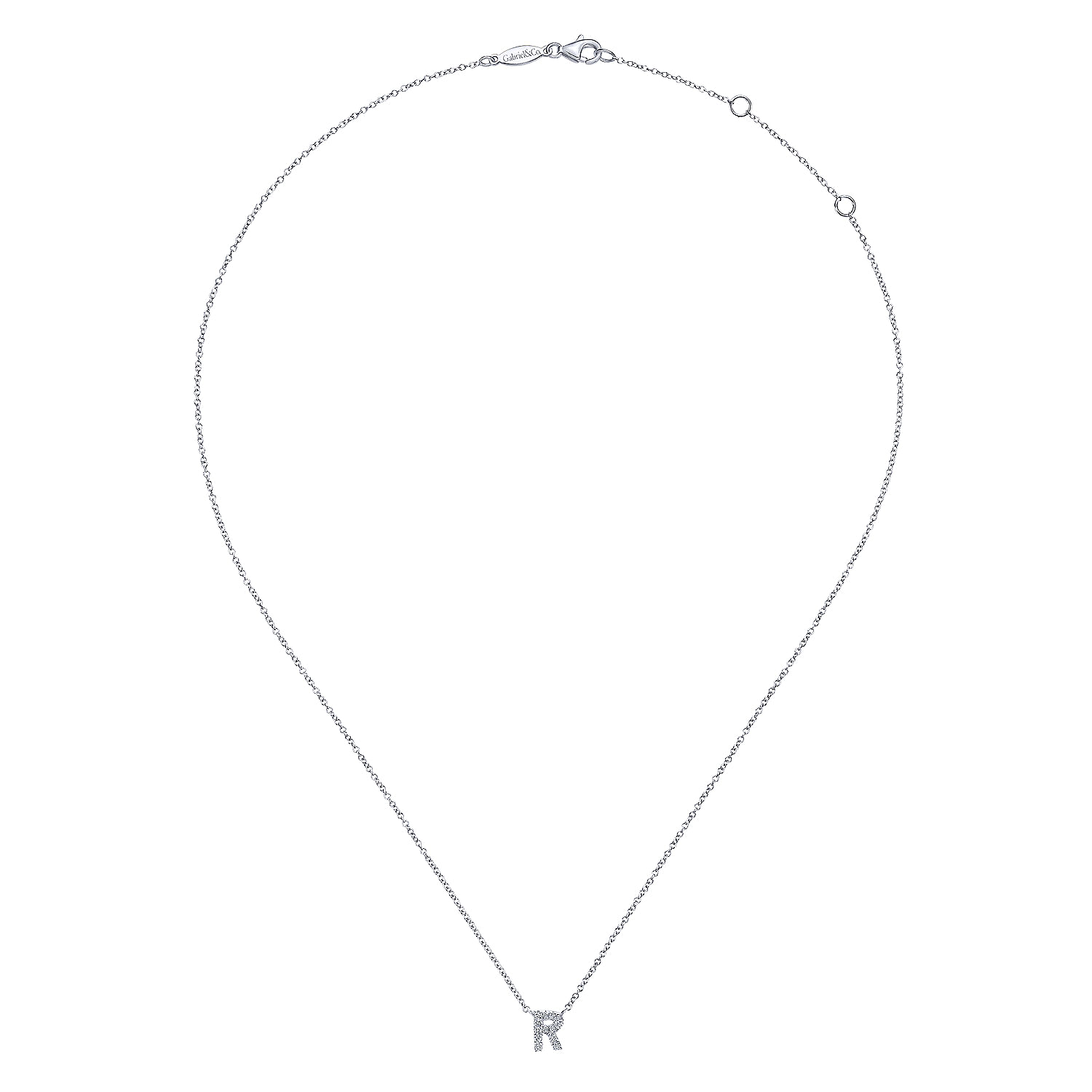 14K White Gold Diamond R Initial Pendant Necklace
