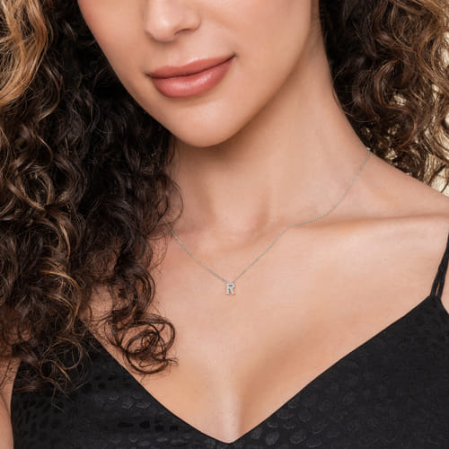 14K White Gold Diamond R Initial Pendant Necklace