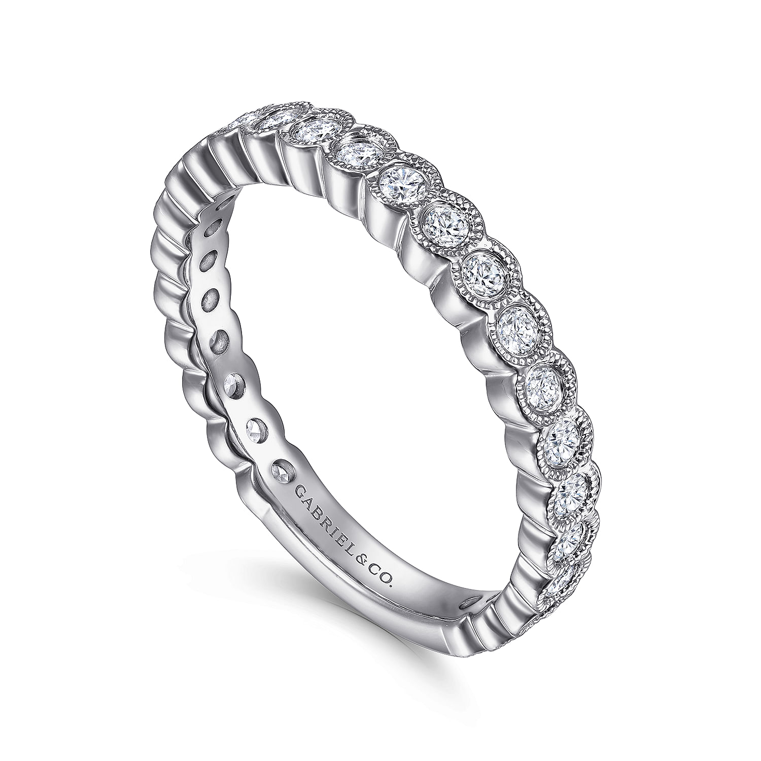 14K White Gold Diamond Ring with Milgrain Bezel