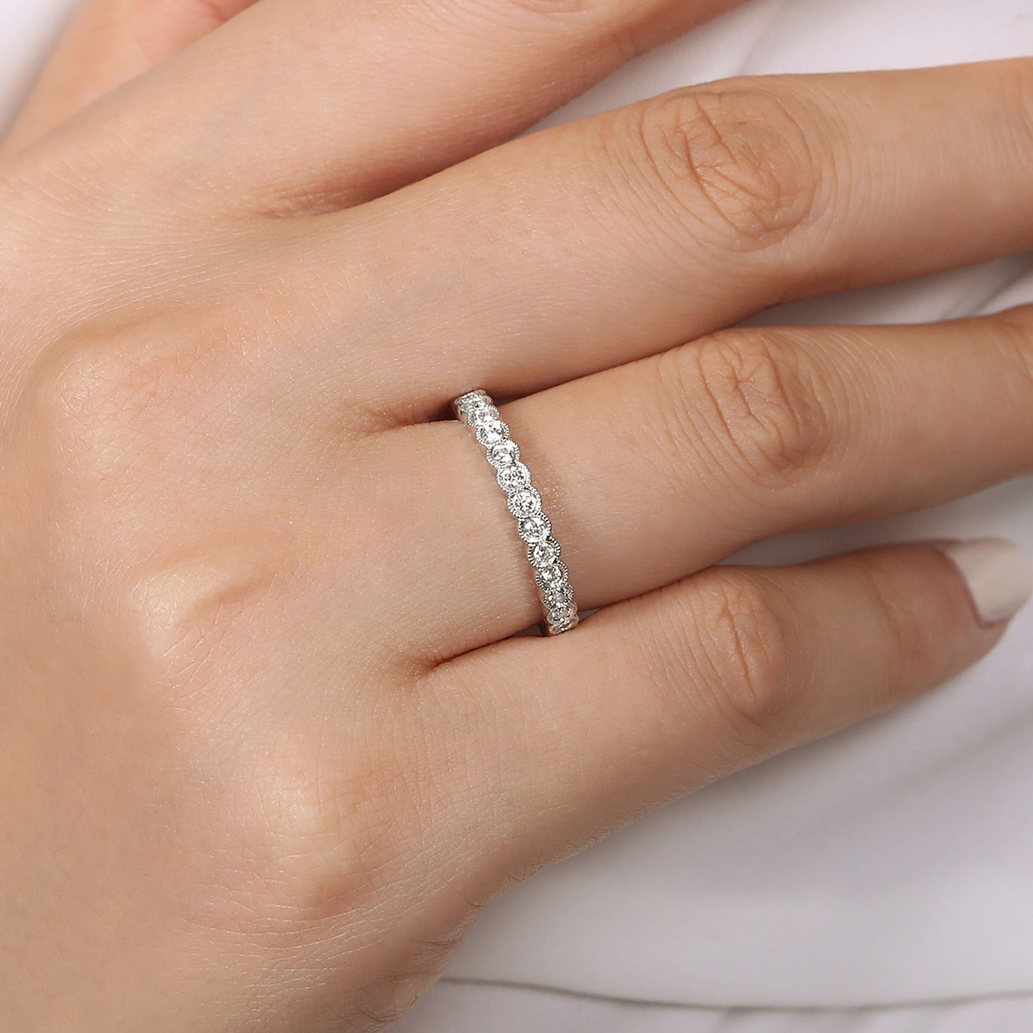 14K White Gold Diamond Ring with Milgrain Bezel