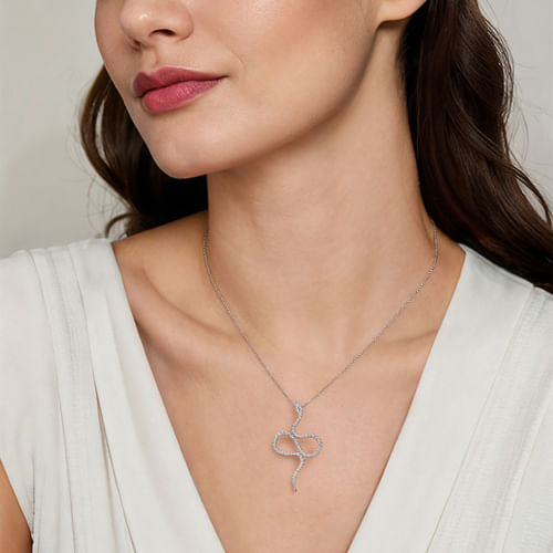 14K White Gold Diamond Snake Pendant Necklace