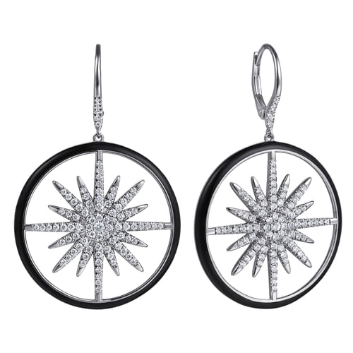 14K White Gold Diamond Spike Huggie Drop Earrings with Black Enamel