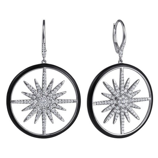 Gabriel - 14K White Gold Diamond Spike Huggie Drop Earrings with Black Enamel