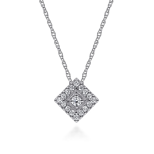 14K White Gold Diamond Square Pendant Necklace