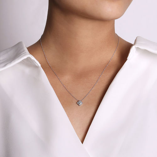 14K White Gold Diamond Square Pendant Necklace