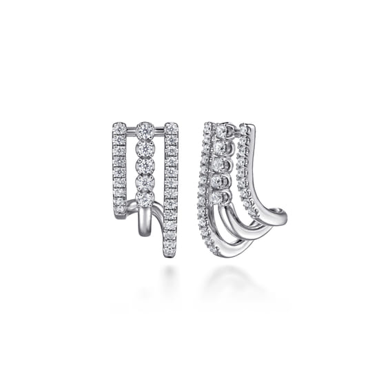 14K White Gold Diamond Stacked J Hoop Earrings