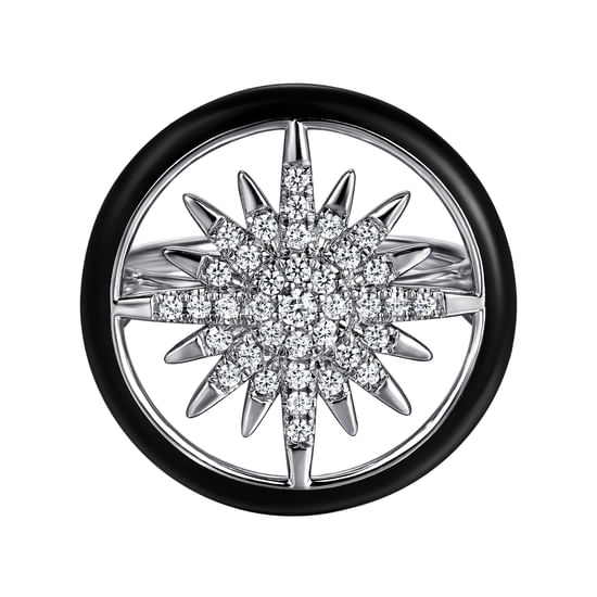 Gabriel - 14K White Gold Diamond StarBurst Signet Ring with Black Enamel