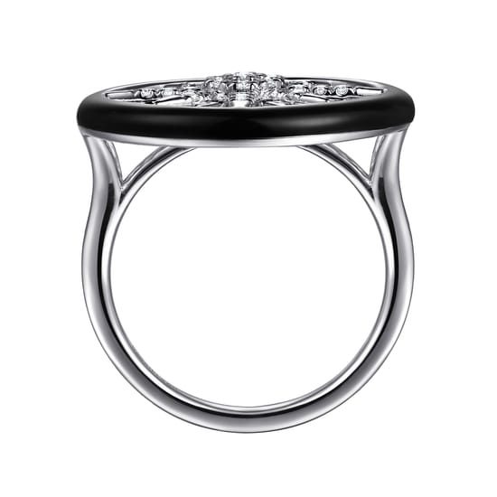 14K White Gold Diamond StarBurst Signet Ring with Black Enamel angle 2