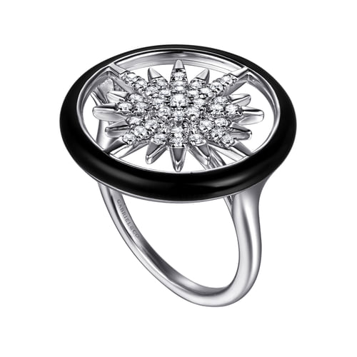 14K White Gold Diamond StarBurst Signet Ring with Black Enamel