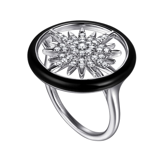 14K White Gold Diamond StarBurst Signet Ring with Black Enamel angle 3