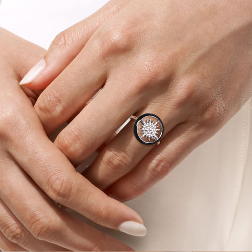 14K White Gold Diamond StarBurst Signet Ring with Black Enamel