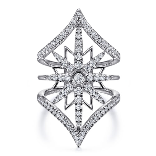 14K White Gold Diamond Starburst Chevron Statement Ring