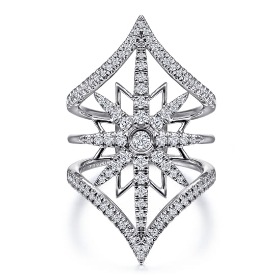 14K White Gold Diamond Starburst Chevron Statement Ring