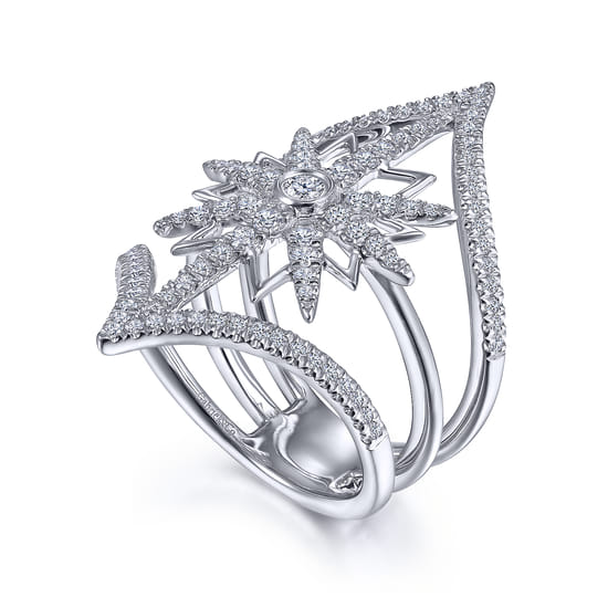 14K White Gold Diamond Starburst Chevron Statement Ring angle 3