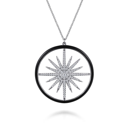 14K White Gold Diamond Starburst Pendant Necklace with Black Enamel
