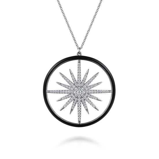 Gabriel - 14K White Gold Diamond Starburst Pendant Necklace with Black Enamel