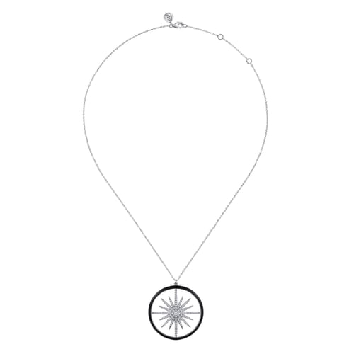 14K White Gold Diamond Starburst Pendant Necklace with Black Enamel