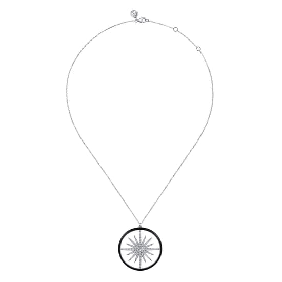 14K White Gold Diamond Starburst Pendant Necklace with Black Enamel angle 2