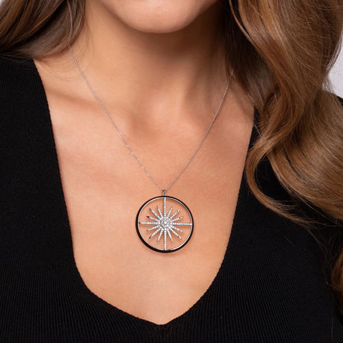 14K White Gold Diamond Starburst Pendant Necklace with Black Enamel