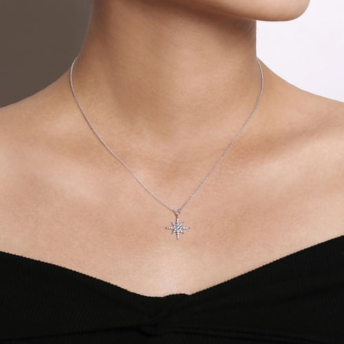 14K White Gold Diamond Starburst Pendant Necklace