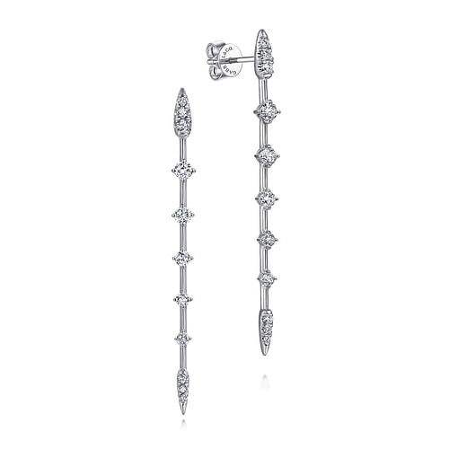 14K White Gold Diamond Station Long Bar Stud Earrings