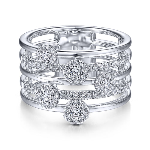 14K White Gold Diamond Station Multi Row Ring