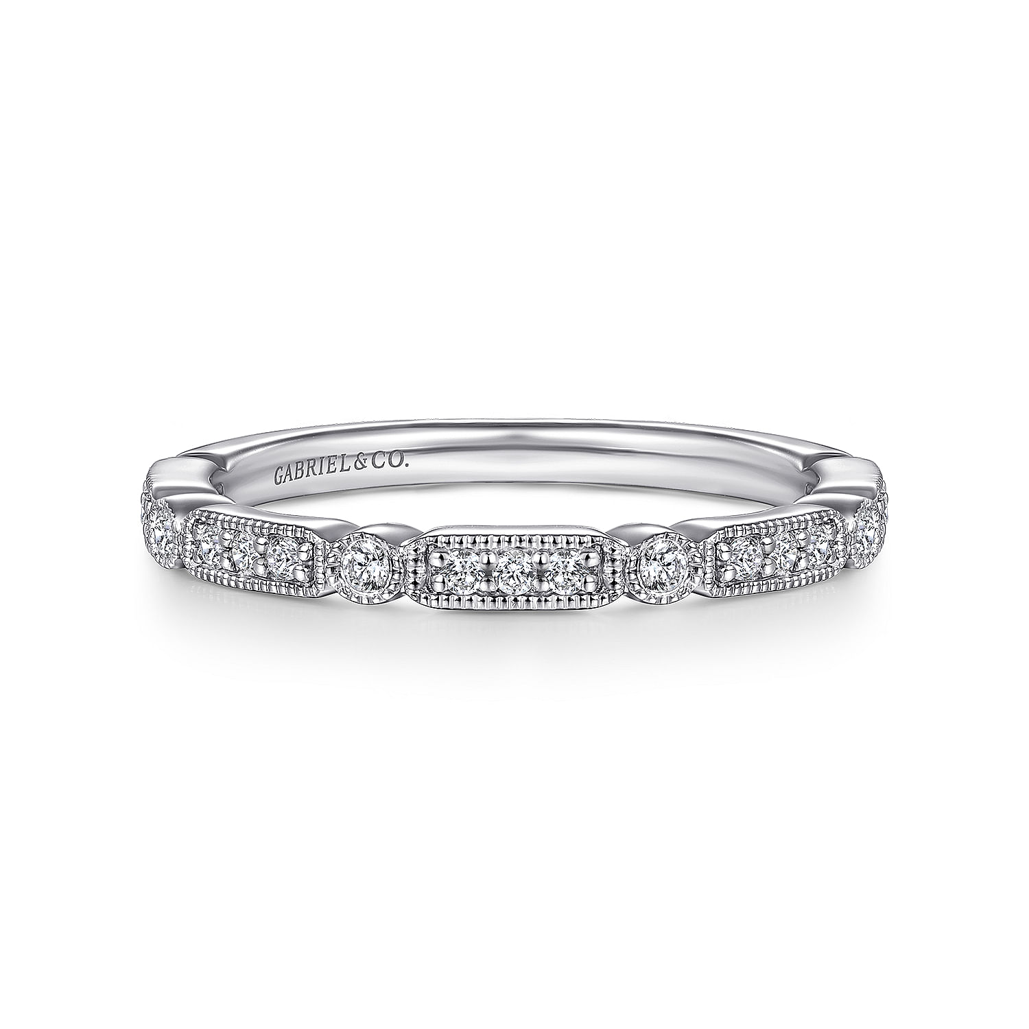 14K White Gold Diamond Station Stackable Anniversary Band with Milgrain