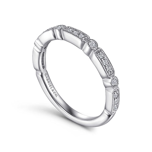 14K White Gold Diamond Station Stackable Anniversary Band with Milgrain