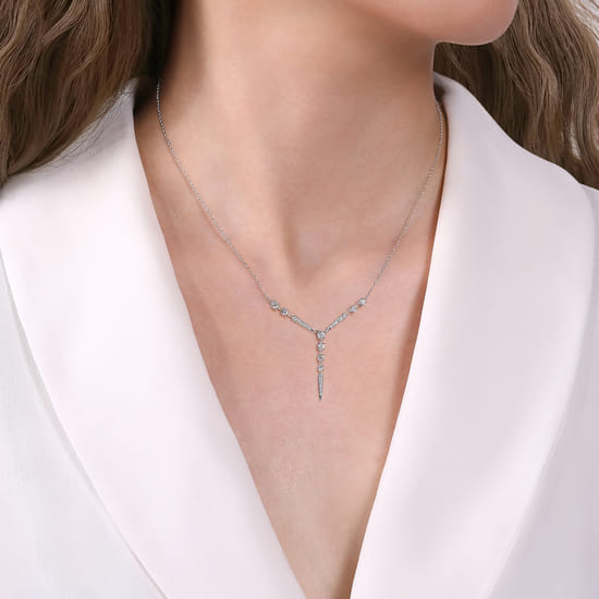 14K White Gold Diamond Station Y Necklace angle 3